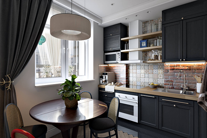 ArchiCGI - https://archicgi.com/
photoreal Architectural Rendering for a stylish Kitchen Interior Design. The dark tones of cabinetry and back-splash look homey. The space is not only comfortable and atmospheric, but also highly functional. Just look at those shelves above the kitchen stove! Storage solutions are to die for.
