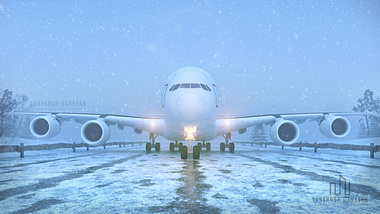 Snow falling over the aeroplane