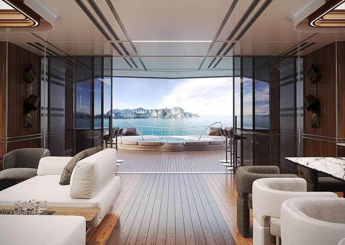 The yacht interior visualization project embodies a refined combination of natural wood and lighting accents, creating an atmosphere of luxury and comfort. Utilizing warm wood tones and integrated lighting, each space is the perfect setting for relaxation and enjoying the seascape. Elegant furnishings and thoughtful details complete the image of contemporary maritime sophistication.