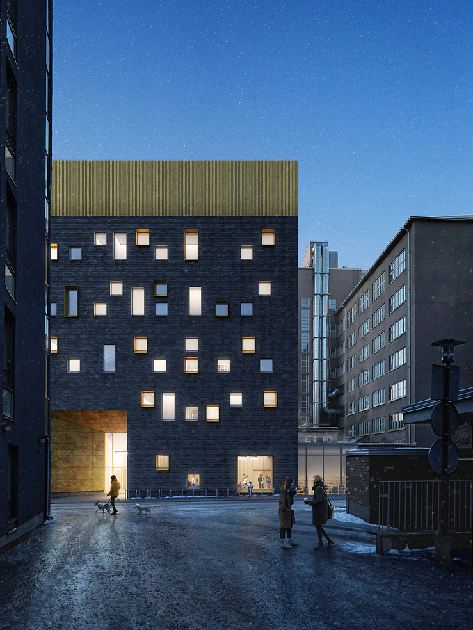 Exterior and interior images for Tommila Architects'
Helsinki Music Hall in the Arabia Quarter.
