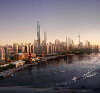 shanghai waterfront aerial dawn