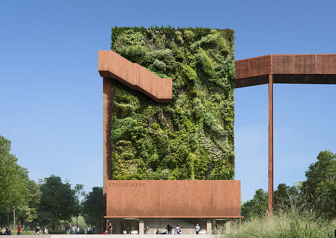 A green "Wolpertinger", a mythical creature from the Bavarian Forest, has been the inspiration for the design of the green facade on the old coal bunker in Gelsenkirchen. We are pleased about the honourable mentions of KKLF Architekten and BBZ Landschaftsarchitekten.
