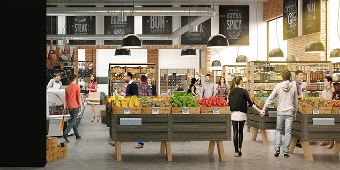 DC8studio - http://www.dc8studio.com
We were asked to create a render for a huge wall in the Boggo Road Gaol sales center, that would give the feel of what the new conversion of the old prison would feel like. Prison -&gt; Fresh food market and restaurants.