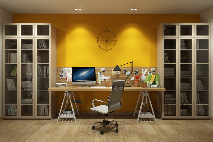 Archivizer - http://archivizer.com/
This perfect mix of a bright-colored working area and a minimalistic bedroom looks lovely. This gorgeous  is brought to you by Archivizer team.