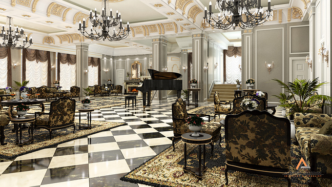 This is a 3D visualization of the historical restoration of the Classic Style Hotel in Los Angeles.