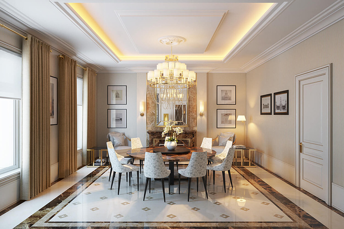 ArchiCGI - https://archicgi.com/
This dining room design Architectural Rendering looks extremely chic. Designer created the atmosphere of sumptuous comfort, which means that every meal in this room will be an event in itself.
The focal point of the dining room consists of a table with chairs around it, flowers and a chandelier. The grace and impact it produces is due to the repetition of the circular shape inside the composition. These round layers sort of build up to create a magnificent spectacle. Furthermore, sophisticated combination of prints looks very advantageous, too. Delicate flowers on the armchairs rhyme with the orchids on the table, and refresh the pattern of the imposing table texture.
