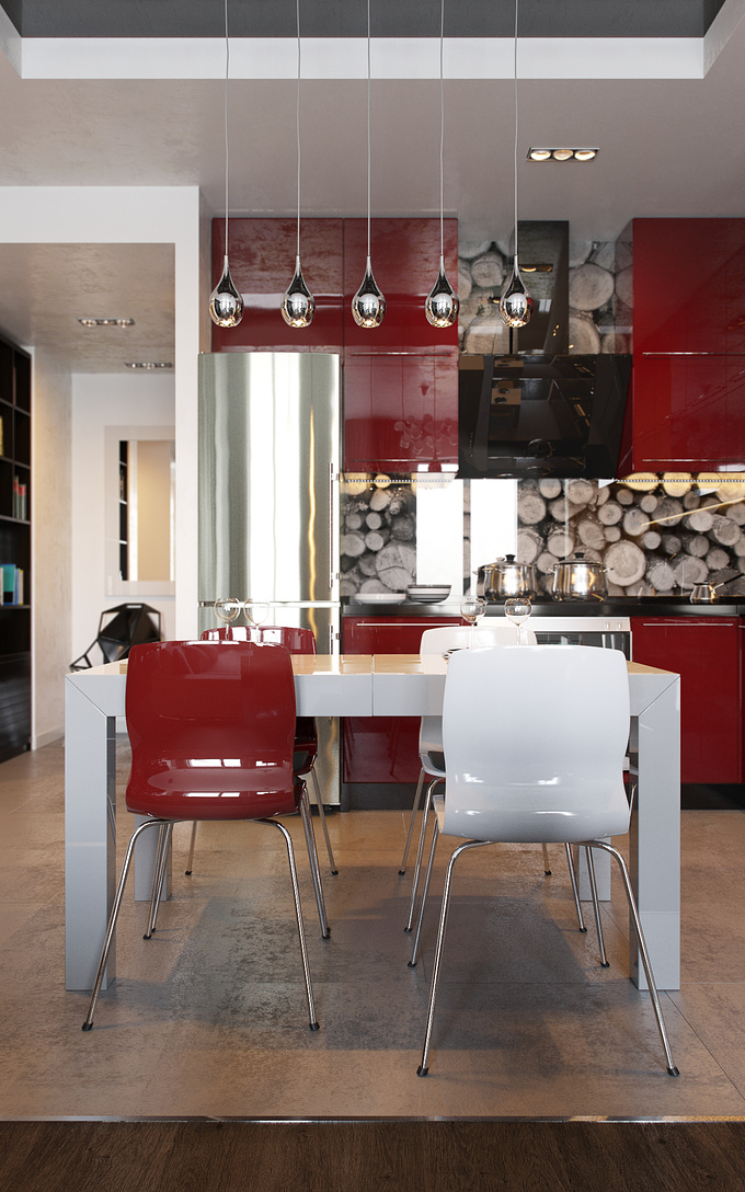 Stanislav Booth - https://www.behance.net/archdizs
Hi folks! As i sweared here are a lot of final shots of "Red Kitchen")

Studio space in an apartment in Ukraine, Dnipropetrovsk
Designed and visulization done by Stanislav Booth

3dMax+Corona+PShop. 
2000x1200 1:10-1:30 rendertime CPU 3930k@4.5

Hope you enjoy!)