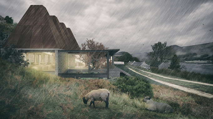 Renderwerkstatt - http://www.renderwerkstatt.at/
This image was created for a personal project. It shows a design of a whisky distillery in a tipically stormy scottish mood. The project is situated in Lochranza UK.

Programs used: 

Rhinoceros 5 - Cinema4D - VRAYforC4D - Photoshop