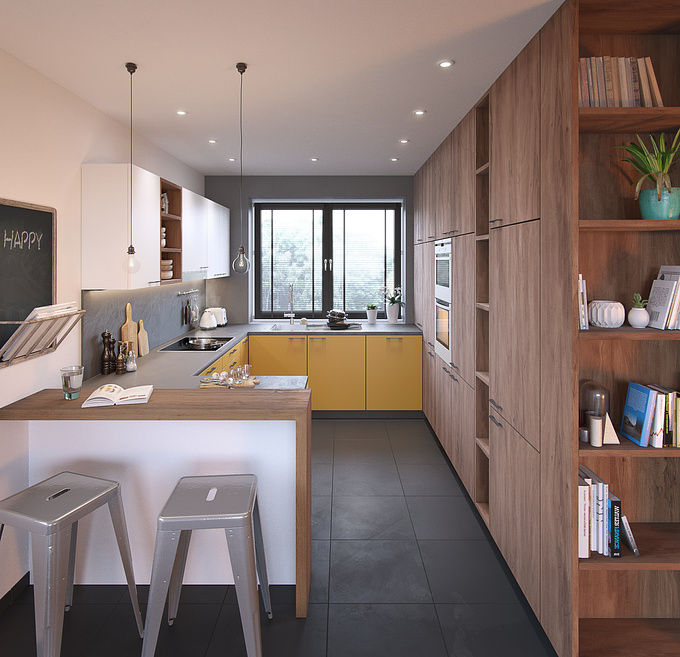 This image was created to support the design based on clients requirements and wishes. The main component in the interior is wood complemented by yellow color of the kitchen cabinets.