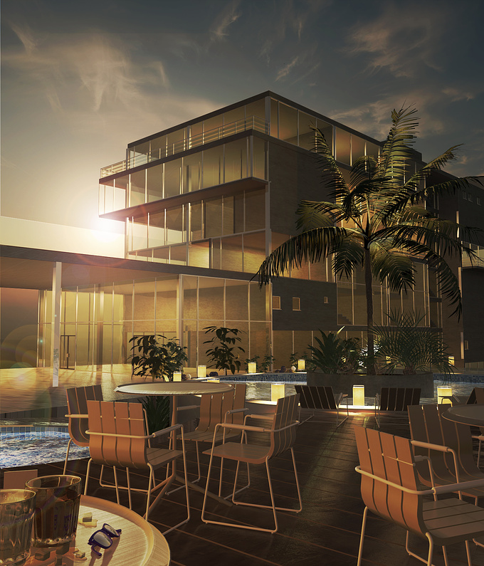  - http://on.be.net/1tm4VM4
this is a personal project, a hotel building that I designed for fun, also to try for the first time to import models from revit to 3ds max and render in Mental ray. for this image i tried to give the atmosphere of the end of a day of rest in a hotel.