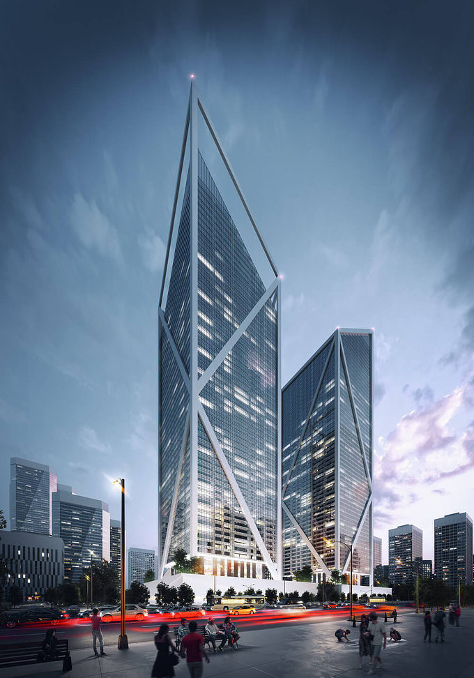 ArchiCGI - https://archicgi.com/
Here's an amazing photoreal  Architectural Rendering for an Impactful Skyscraper Project. It reigns among the blue night clouds tearing the darkness of the skies with the golden light. The triangles both towers are separated into make the construction look like a giant multi-faceted gemstone.