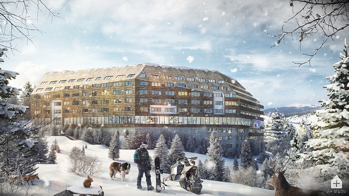 A project from almost a year ago. One of the images we did for Kapaprojekt, an architectural firm from our home city of Niš, in December 2015.
 
The hotel will be located on the beautiful mountain of Kopaonik in central Serbia.
 
We hope you like it.