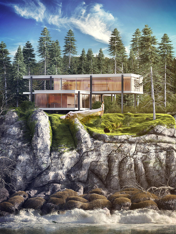 Gray-room Studio - http://www.gray-room.com
3D Concept Art ot the house modern house standing on the cliff above river with waves braking on stones