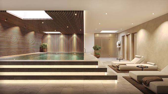 Interior visualization of an wellness area with pool and relaxing area
