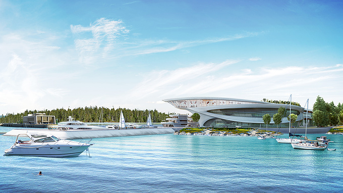 Gray-room Studio - http://gray-room.com/
Design of the modern Yacht club, with fluid, lines, dock in front of the forest on the Russian Lake.