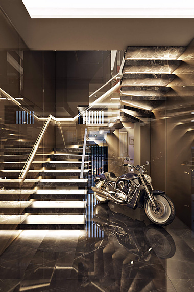 Hall with Shiny Stairs and real Bike.3D Rendering.
