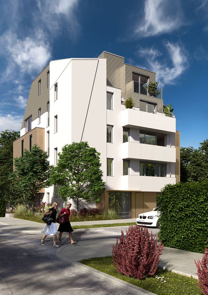  - http://
Together with Begehungen.de I worked on this exterior rendering for a client in Vienna, Austria. An apartment house with an extravagant architecture.