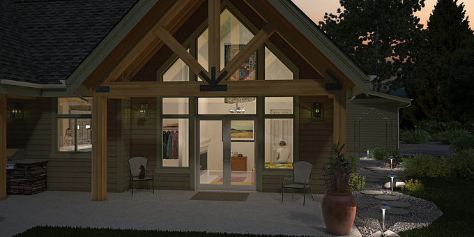 Complete Design Inc. - https://www.facebook.com/pages/Vvb-Art/443772858994170
A night time shot of the back patio area looking into the guest bedroom in a Leavenworth, WA home.

Created with 3ds Max, vray and photoshop