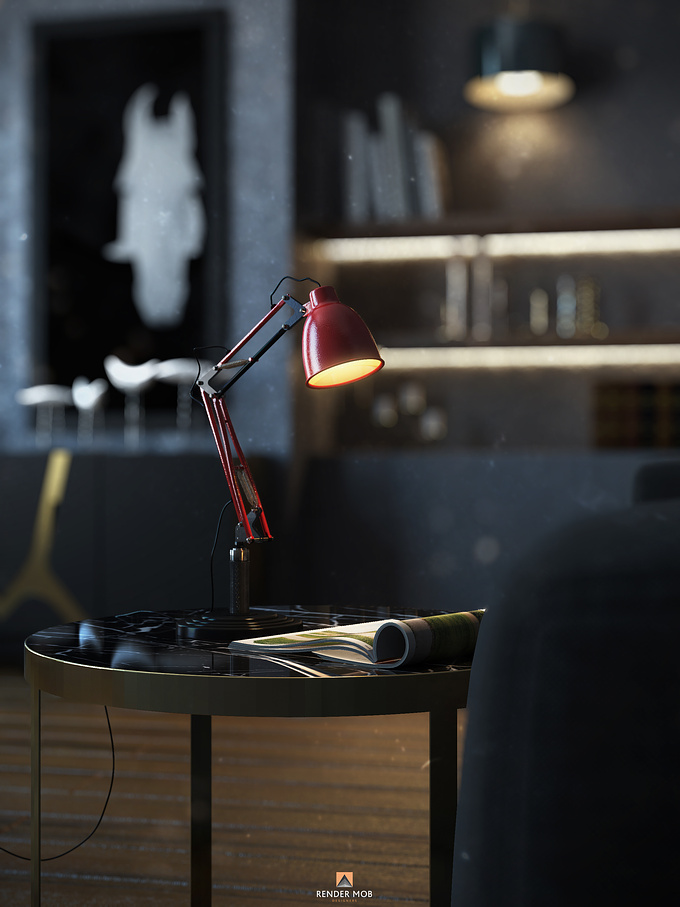 Render Mob Designers - http://www.rendermobdesigners.com
I decided this time to add more realism by adding Depth of field ,focusing on the main object which is the lamp in this image. I added dirt to the image to give the " dirty lens " feeling which adds a tremendous amount of realism.
