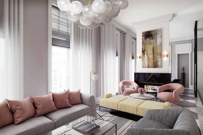 Interior visualization of a stylish new york inspired, contemporary classical living room in a luxury apartment prepared for Aedas, designed by Aedas.