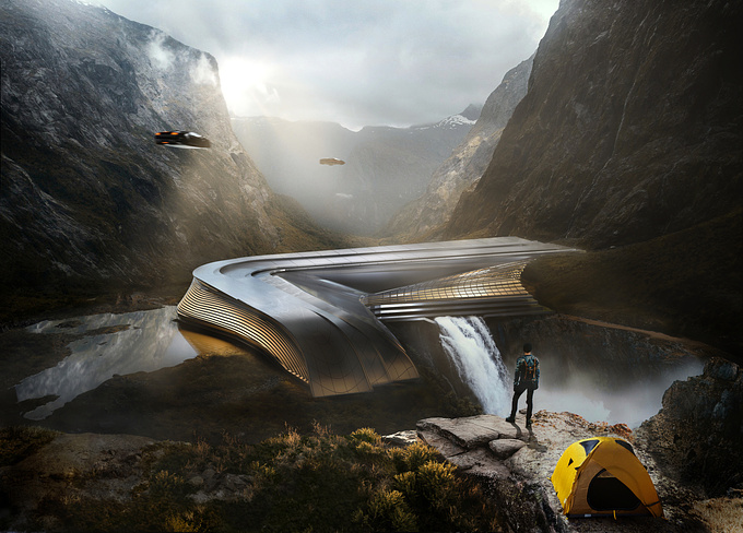 OUUM - http://ouum.co/
The main idea of project images is based on the interaction between futurist technologies add travelling lifestyle. The shape of the building interacts with landscape nature with spectacular views of Norway.
Main building shape has wavy organic form stayed on waterfall retreat, showing in this project how technology and futurism may fit with cliffs and nature with mountain view. It’s a piece of shelter to get hide in and enjoy. Made with FStorm render, matte-painting technics and quixel tools.