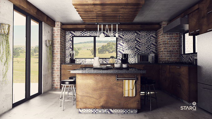 RDZ Kitchen Design and Visualization.  This project involves the design and visualization 3d  of  RDZ home kitchen. As the design is intended to continue with the style of the actual house but with a new, fresh and modern concept . The main idea is the combination of materials (wood , tile (talavera) and brick) to give warmth to the kitchen. Through the windows adequate lighting for the place where the family spends most of the day is achieved.
The 3d images allow us to see in detail the design being proposed are presented to our client .
