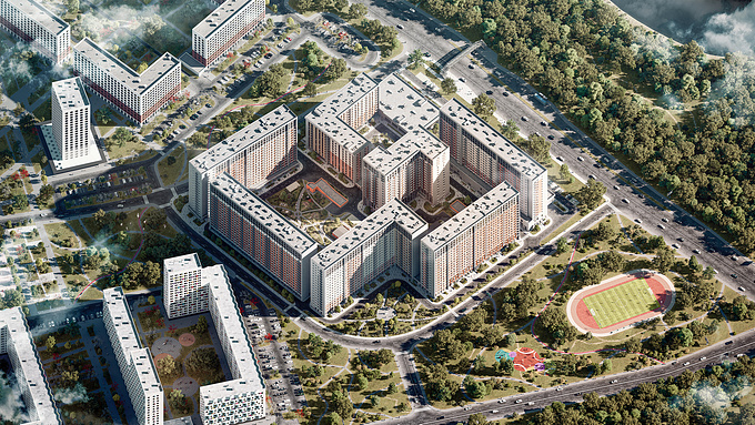 Aerial shot from 20 still renders for site and marketing materials
of residential complex "Legendarniy kvartal"