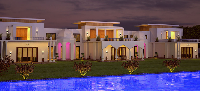 the interor firm
'the exterior'.its a house render spread in acres of land,with a swimming pool in front it and a large garden to showcase its beauty.we have got a plan of this and said to give your the best of our imagination to client, and after a lot of researches and nights i reaches to this point.