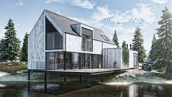 Render of a lake house.