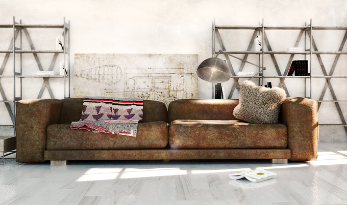 Archviz of brown leather sofa in industrial environment (in the background technical drawing of one of first Fords). 3ds+vray+Psp
