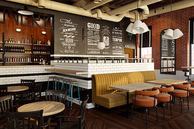 https://www.behance.net/Yeap_nope
Interior design & visualization for "Hungry Bar" in Stavropol
The bar is on the second floor of a brick building, the interior is industrial-style.