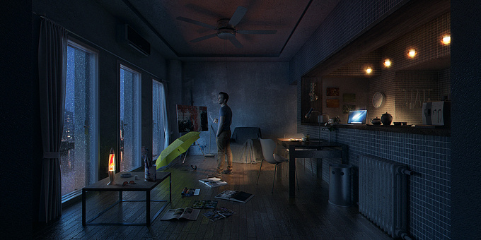 Living room on a rainy night.

Done with 3DS Max, Vray, Nuke and Photoshop