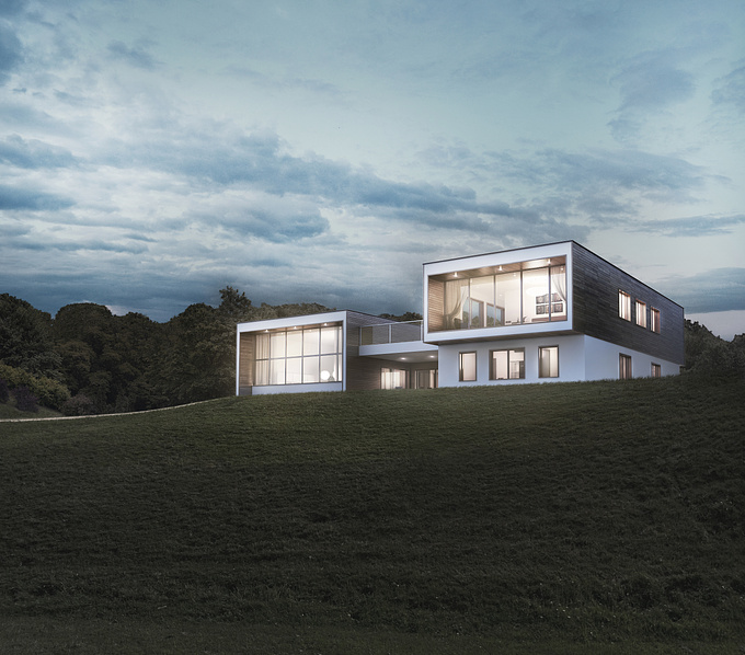 Modern house on a hillside. 3D Studio Max, V-ray, Adobe Photoshop Design/Visualisation: Romet Mets