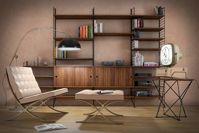 The Philco Predicta  television set has always been one of my favorite vintage gadgets in terms of design. I decided to make a quick interior render with the Philco Predicta model I have recently made. The cliché Barcelona chair and the String Furniture System by Nils Strinning always looks good in an architectural render.