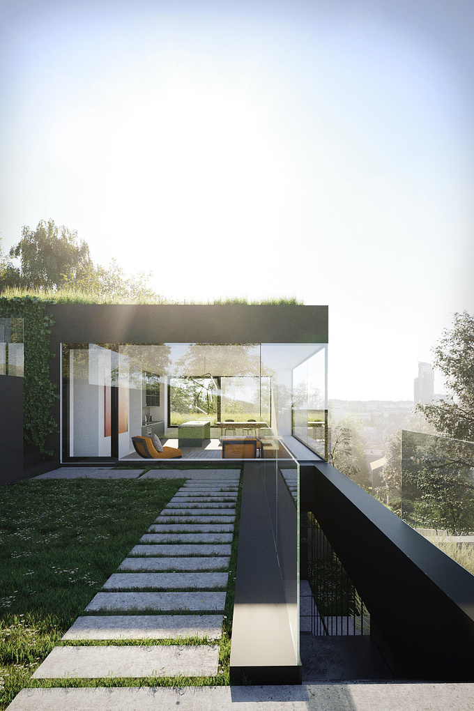 Blok Studio - http://www.blokstudio.pl
Full CGI renderings of the ultra-modern villa which refers to the modernist tradition of the area. 
Architects: Pracownia111 from Gdynia/Poland
Software: 3ds Max / Corona Renderer / Photoshop