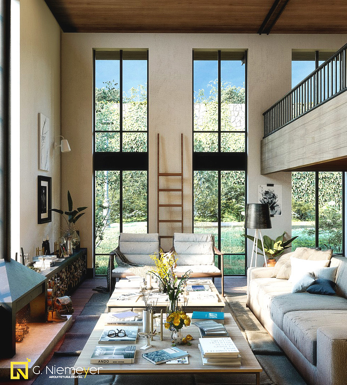 G. Niemeyer - Arquitetura Digital - https://www.instagram.com/gniemeyerarq/
Daytime interior render scene