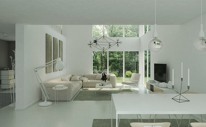 Living room design with large windows and warm colours with a beautiful view to the nature. Work was done with Autocad, Archicad, 3D Studio Max/Vray and Photoshop. 3D artist: Romet Mets