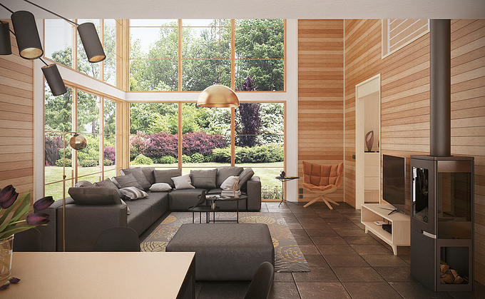 Living room design with large windows. The design was inspired by Deforest Architects - (http://remodelista.com/posts/rules-of-engagement-deforest-architects-in-seattle) Work was done with Autocad, Archicad, 3D Studio Max/Vray and Photoshop. 3D artist: Romet Mets