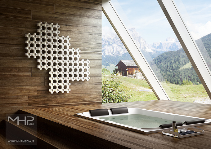 3D rendering, SPA, interior design, mountains, wood