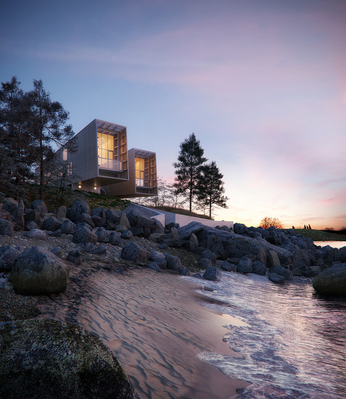 This image was based on the project of MacKay-Lyons Sweetapple Architects.
It was mostly done with 3d Max. We used Forest Pack for the landscape, Substance for water and sand to achieve a better realism in the textures, and Corona renderer for the rendering. The post production was done with Adobe Photoshop.