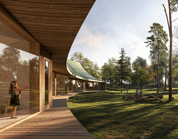 Our conceptual image was inspired by the proposal jointly created by Tommila Architects, Kaleidoscope and Nomaji maisema-arkkitehdit Oy, which shows a daycare center in a natural milieu. We integrated the unique qualities of the architecture, like the softly curving roof, refined facades and connectivity of indoor and outdoor spaces in a scene that captures the mood of a carefree childhood.