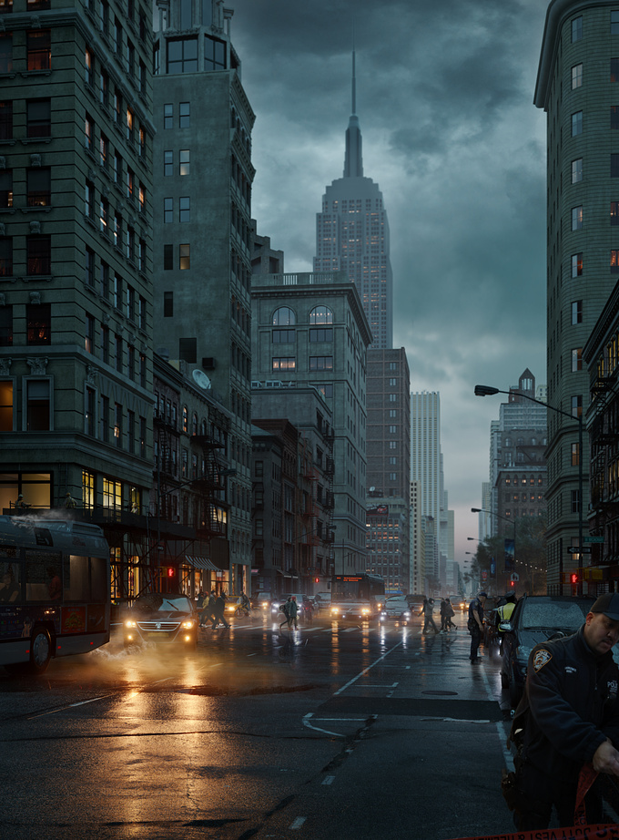  - http://https://www.behance.net/davidecalabro
Davide Calabrò

I started to looking at some references material regarding interesting streets point of view, and especially the pictures about the 5th avenue caught my attention.

I have designed the scene like the references photos, trying to respect as much as I could the original shape of the buildings and the environment.

I wanted also to create particular kind of atmosphere, this to give the work more contemporary and dramatic characteristic aspect, based on the attacks that New York had to face.

It’s properly this aspect that gives the image its name.

The story around this photo is represented by a journalist who is moved away by cops, while taking a picture of a crime scene.

5TH-AVENUE-WITNESS-OF... description of the work on Behance :

https://www.behance.net/gallery/64259059/5TH-AVENUE-WITNESS-OF?share=1



Breakdown video :  
      



Hope you`ll enjoy it!