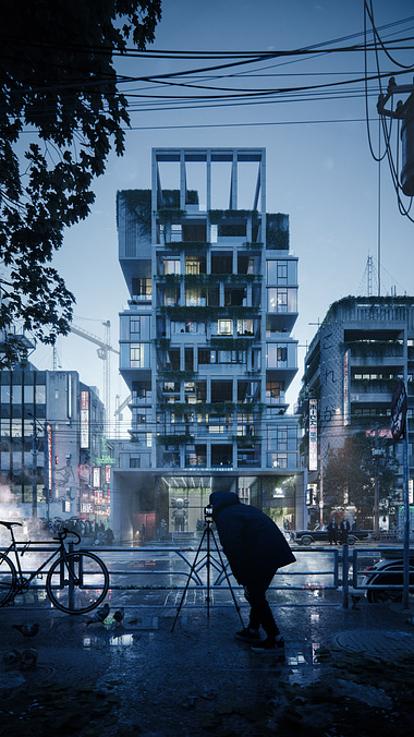 Futuristic 3D render of a residential tower in Tokyo