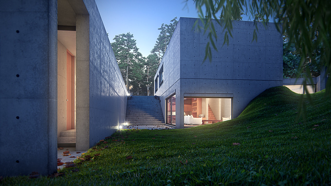  - http://https://www.artstation.com/f_berg_cgi
This is my favorite image of the project.It shows the east side with garden and outside staircase with adjoining terrace in an evening atmosphere with illuminated interior that emphasizes the visual connection between exterior and living space, which is enhanced by the cold-warm contrast. The leaves are intended to demonstrate the effect of wind related to Tadao Ando's concept, the integration of natural elements and general regard to the environment
