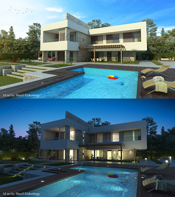 A simple villa exterior at day and night; created it working on my visualization skills.