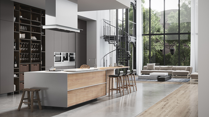 This visualization is done for the kitchen design. The unique design of furniture is expressed in a combination of different textures and colors in the decoration. The dark wood of the shelves and the gray matte surface of the facade create a contrast with the island part of the kitchen. The light timber is perfectly combined with a white matte surface. This visualization shows how harmoniously the kitchen fits into the modern interior.