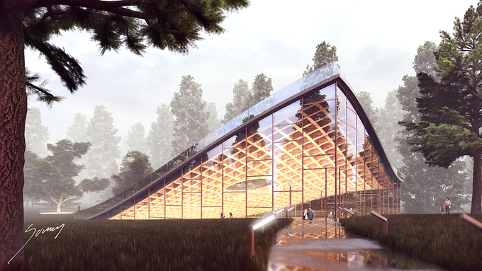  - http://https://www.behance.net/gallery/16621843/Forest-Museum
Personal Project. 3ds max + vray + photoshop

A small conceptual design I have done in my spare time. The building is a museum/exhibition space situated in the forest. The idea of the concept is to merge the building with the nature of the forest surrounding it. This is done by keeping the facades of the building open and transparent to dissolve the boarder between inside and outside. Furthermore trees from the forest has been planted in the two courtyards dragging them "into" the building, underlining that the transition from building to nature is keep minimal and gentle to the nature.

Architectural description:
https://www.behance.net/gallery/16621843/Forest-Museum