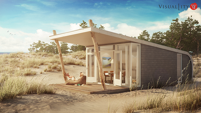 Visuallity - http://www.visuallity.com
This project was given to me by ComfortXL to create presentation material for their new line of prefeb vacation houses. Small but cozy is the theme here and i went for an ultra realistic presentation in some dutch sandune enviroment.