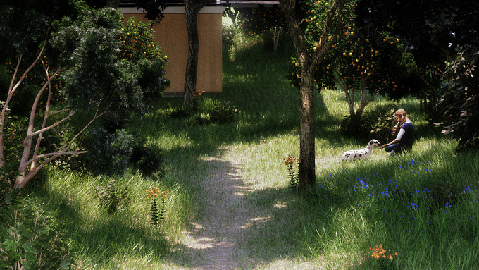  - http://
 A village design
 Kyoto, Japan
 Landscape, Housing
 Rhino, Maxwell (extension), Photoshop

Sunshine filtering through foliage.
Foliage's materials were used SSS.
Grasses were generated by Maxwell Extension.