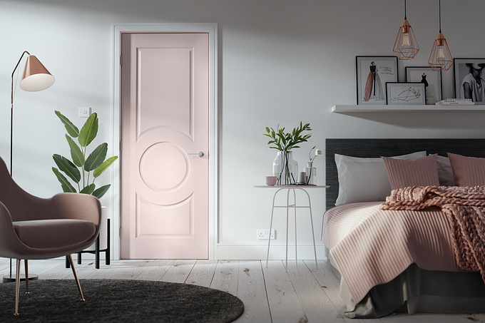 Pikcells - http://www.pikcells.com
Internal doors are often overlooked as a feature of an interior, with many homes traditionally having white painted doors throughout. We wanted to highlight alternatives so we’ve used an eye-catching but soft pink finish for this design. Again, we used a flat on composition and set the natural lighting from one side to emphasise the raised and fielded moulding. 
The room fully styled and designed by our designers and is dressed with copper furnishings and soft pink bedding simulated with Marvelous designer.